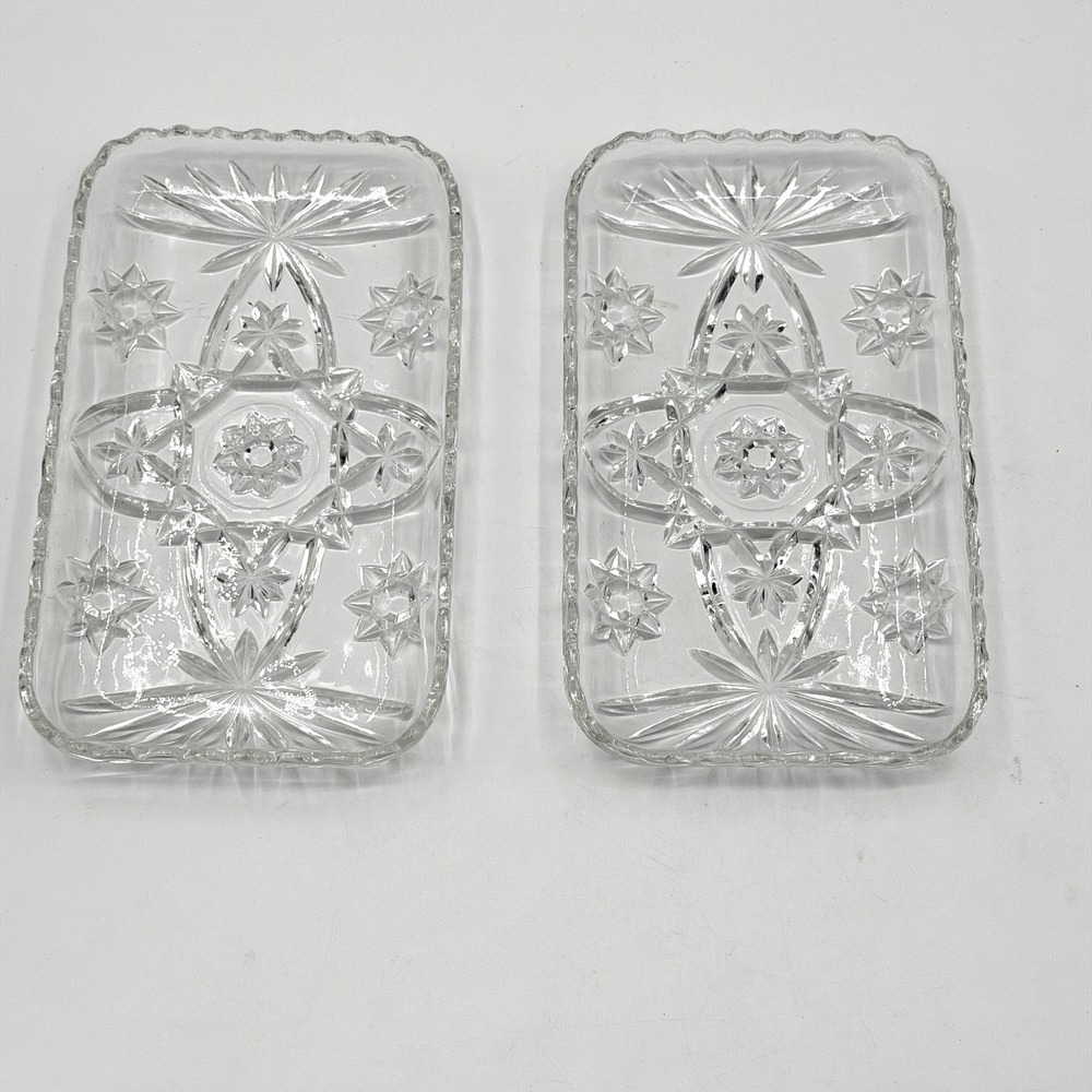 Vintage Anchor Hocking Glass Starburst Relish Dishes Rectangular Trays Set of 2